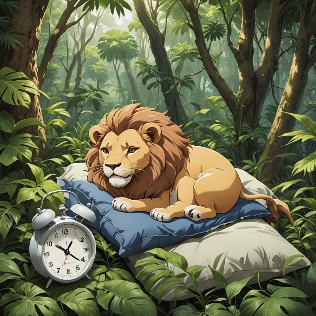 Cartoon Lion Sleeps in Jungle: Anime Style
