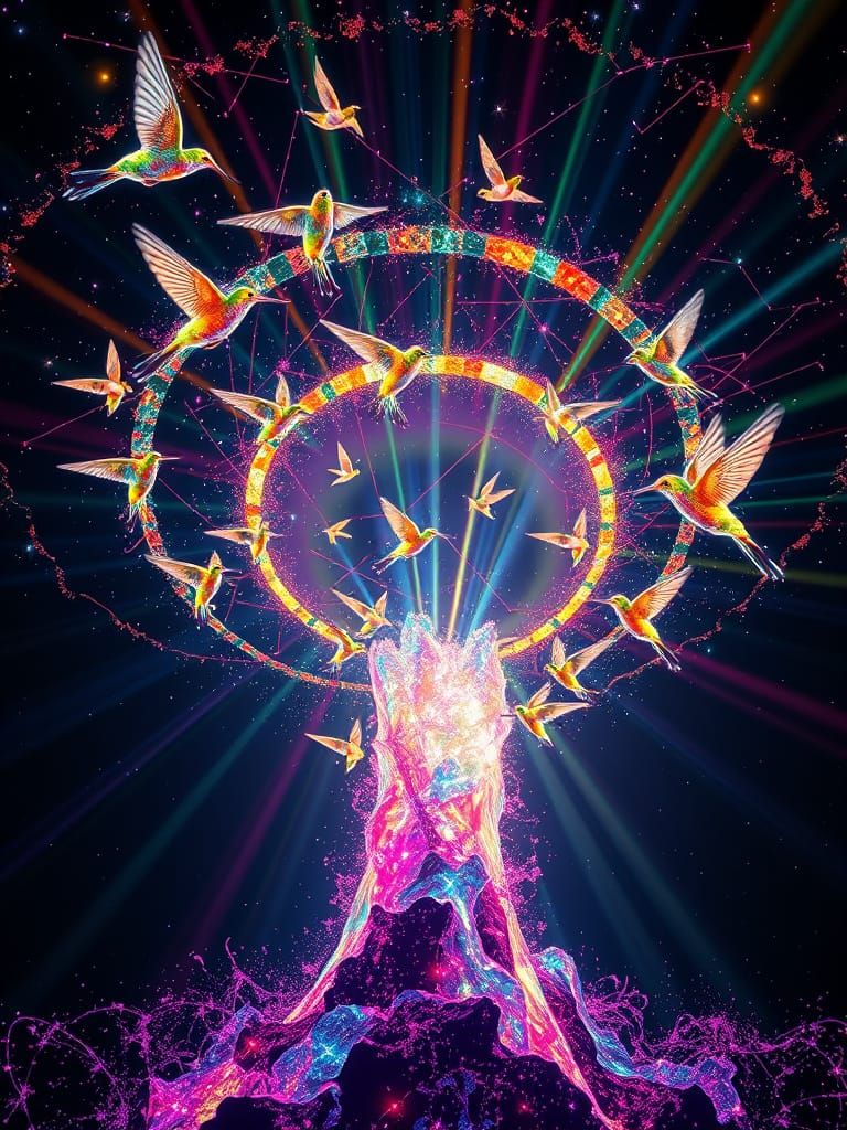 Crystalline Hummingbirds in Cosmic Geyser Tornado