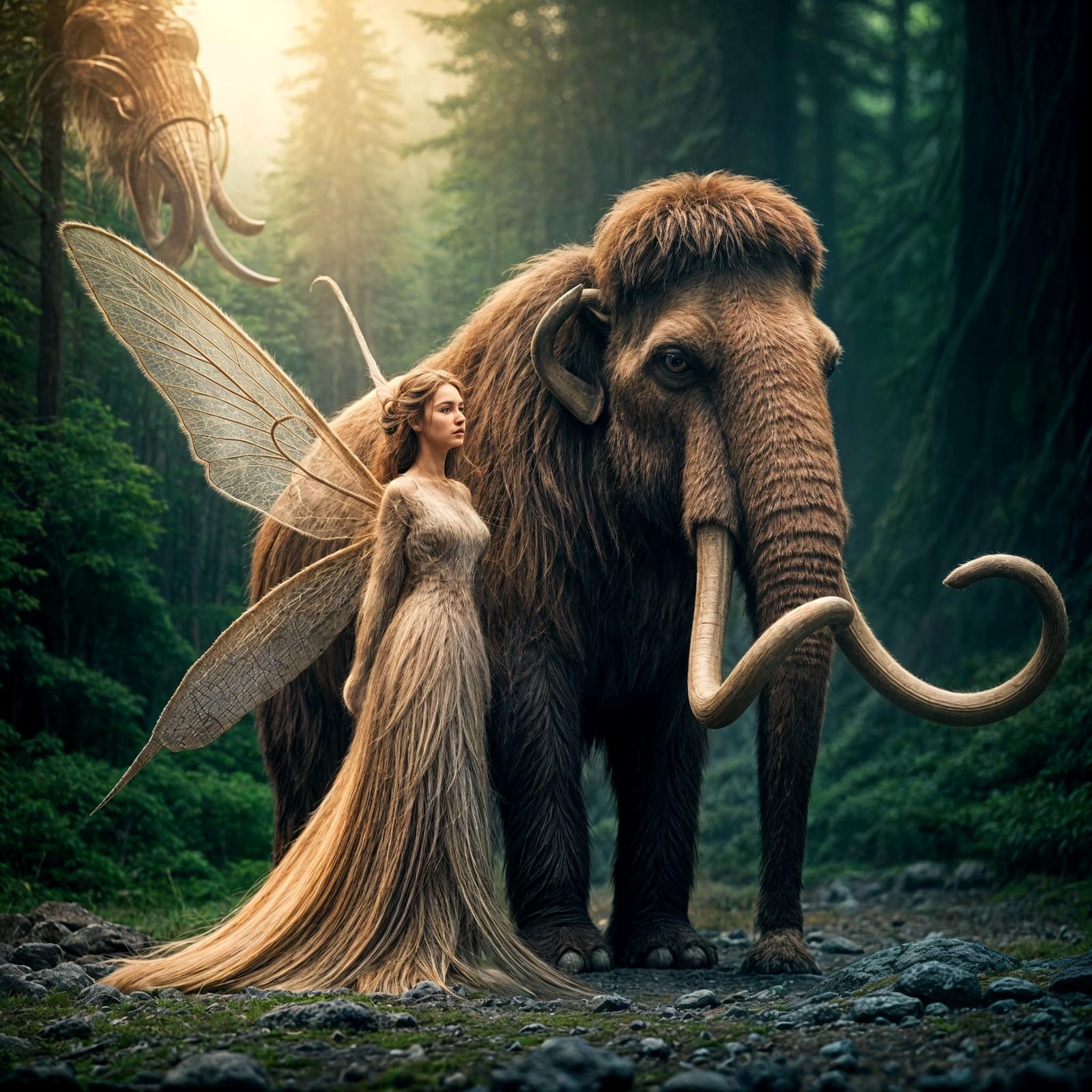 Epic Cinematic Portrait of a Woolly Mammoth and Fairy