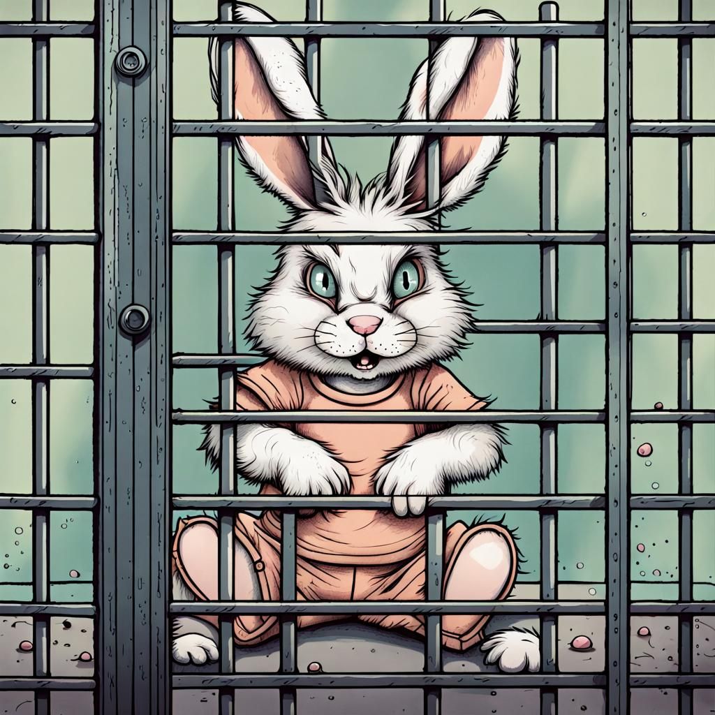 Cute Bunny in Jail Cell: Ink Drawing in Pastel