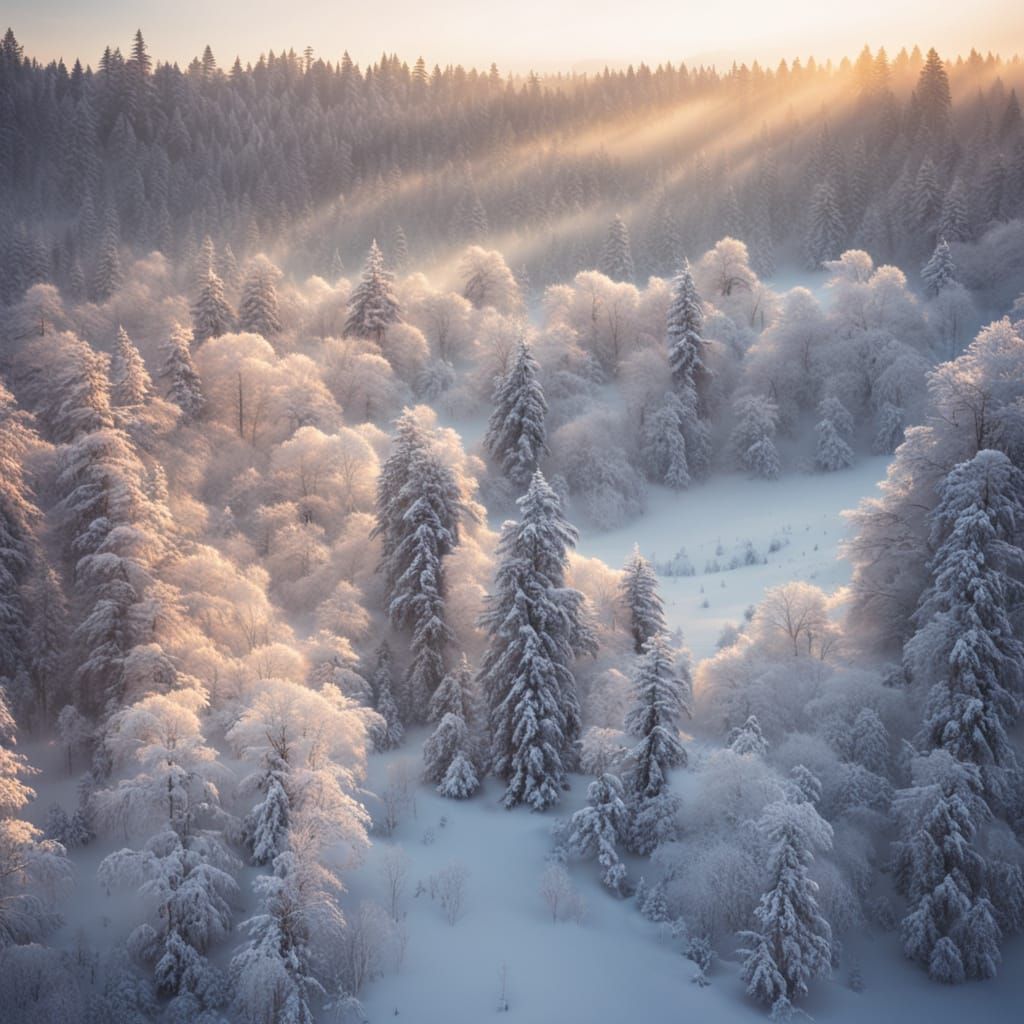 Snowy Forest Aerial View in Golden Light