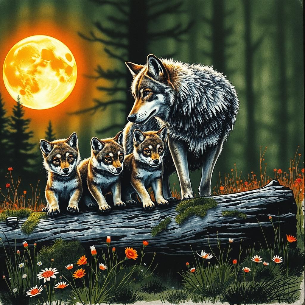 Wolf family under orange moon .