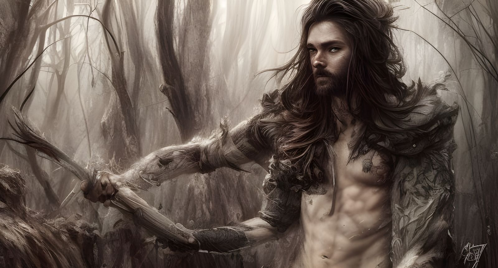 Detailed Norse Warrior in Forest, Digital Illustration