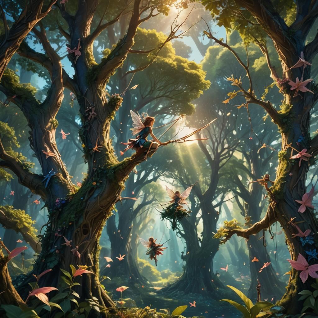 Fairies in Treetops with Bows: Fantasy Art