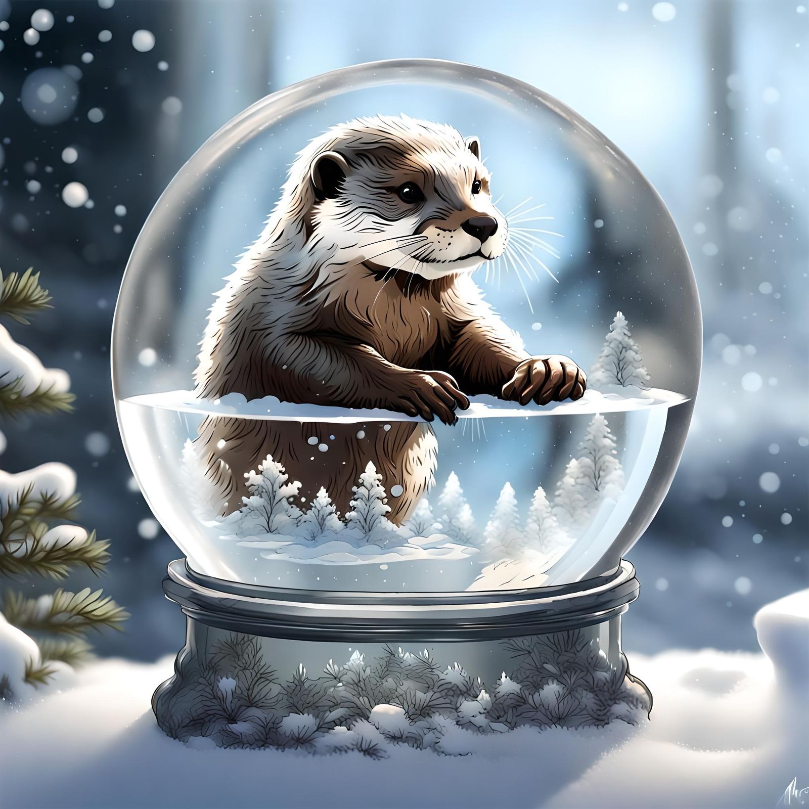 Otter's Recursive Tea Party in Crystal Snow Globe