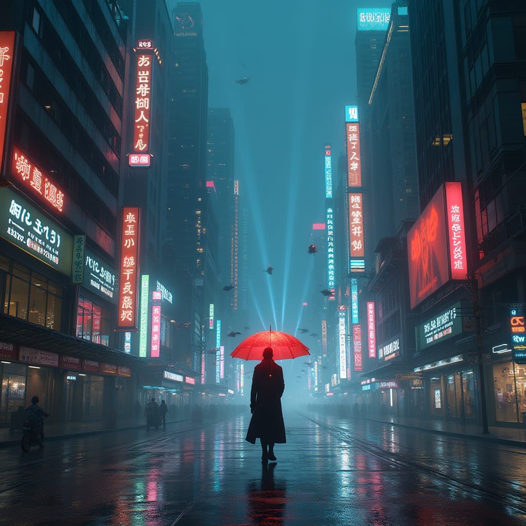 Neon Noir Cityscape at Night with Flying Cars