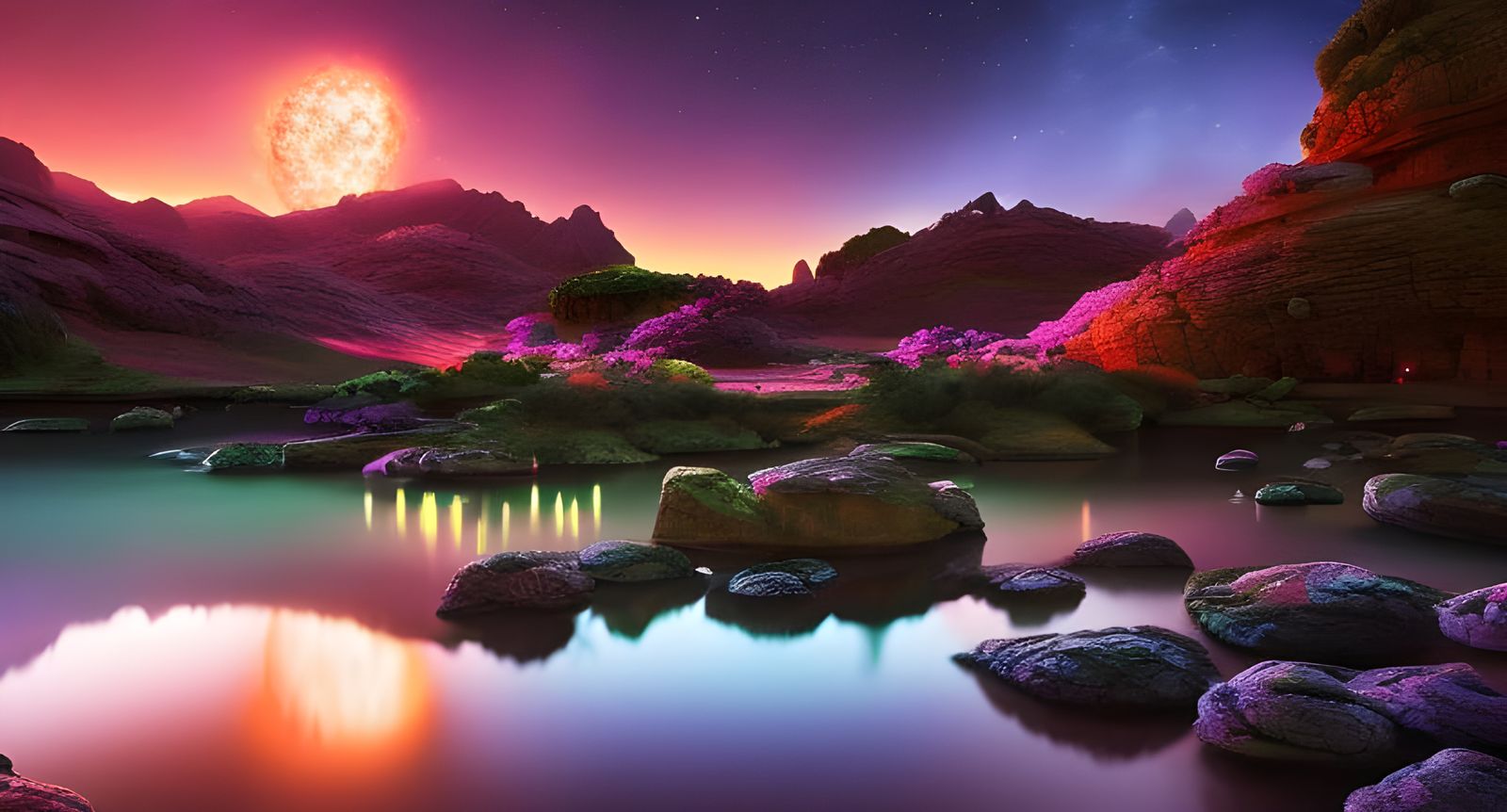 Milky Way Galaxy over zen garden with night flora