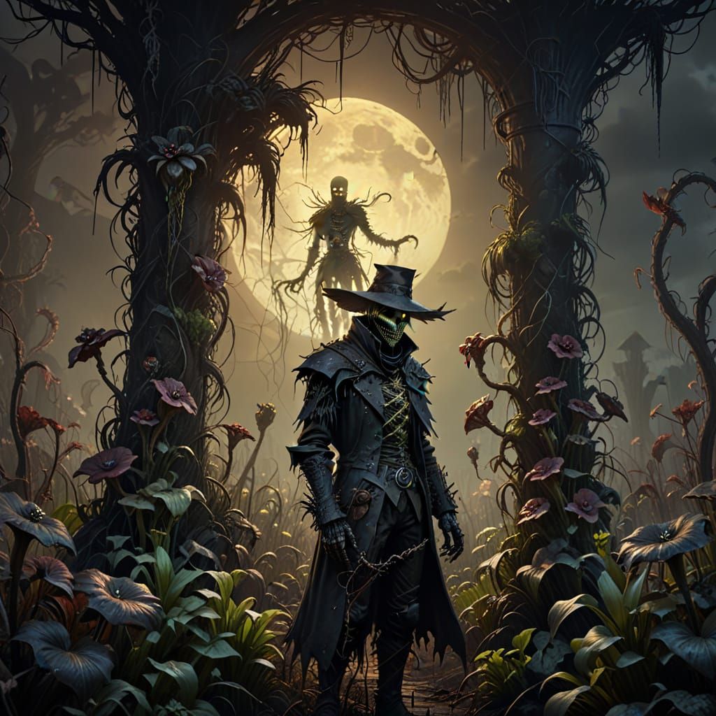 Creepy Garden: Sinister Scarecrow in Dark Fantasy Style