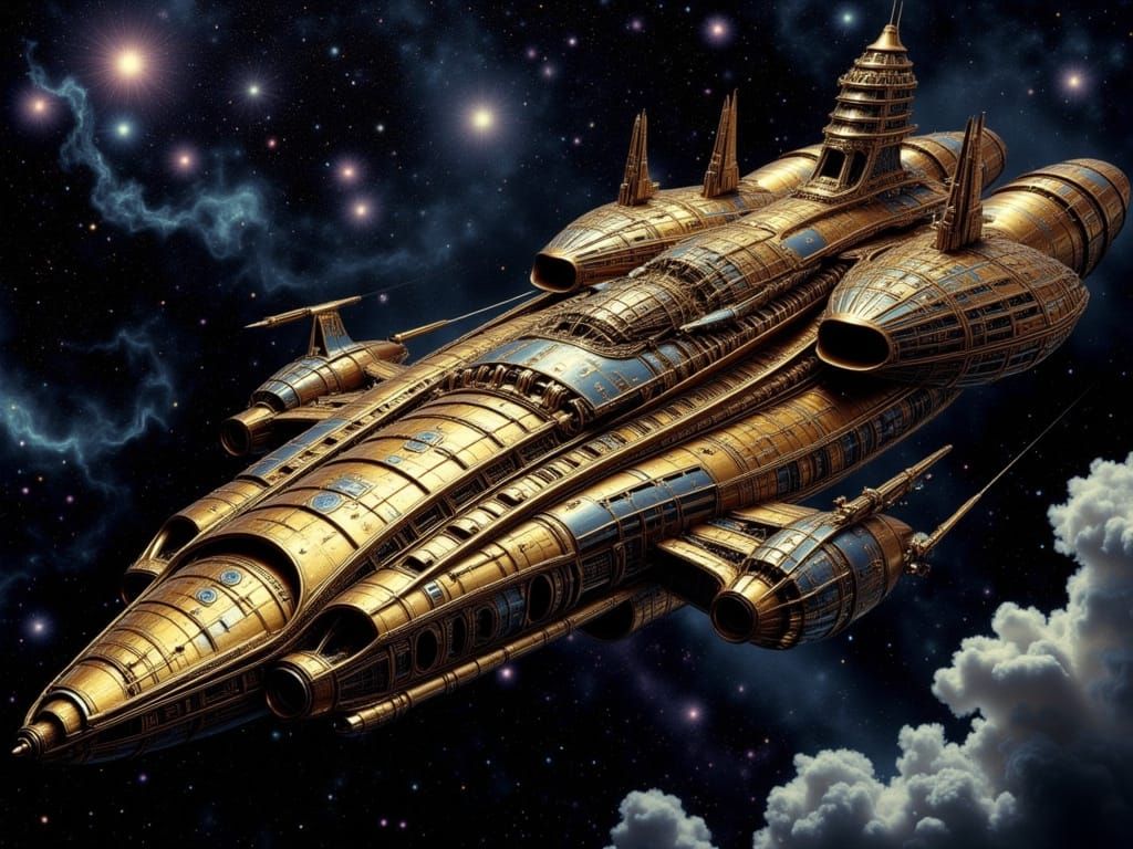 H.R. Giger Inspired Bronze Spaceship in Cosmic Galaxy