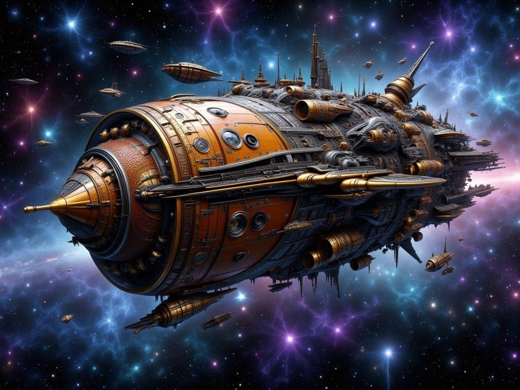 Magnificent Bronze Spaceship in Cosmic Galaxy