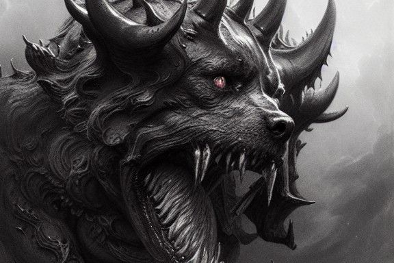 Hellhound Cerberus: Sinister Charcoal Drawing