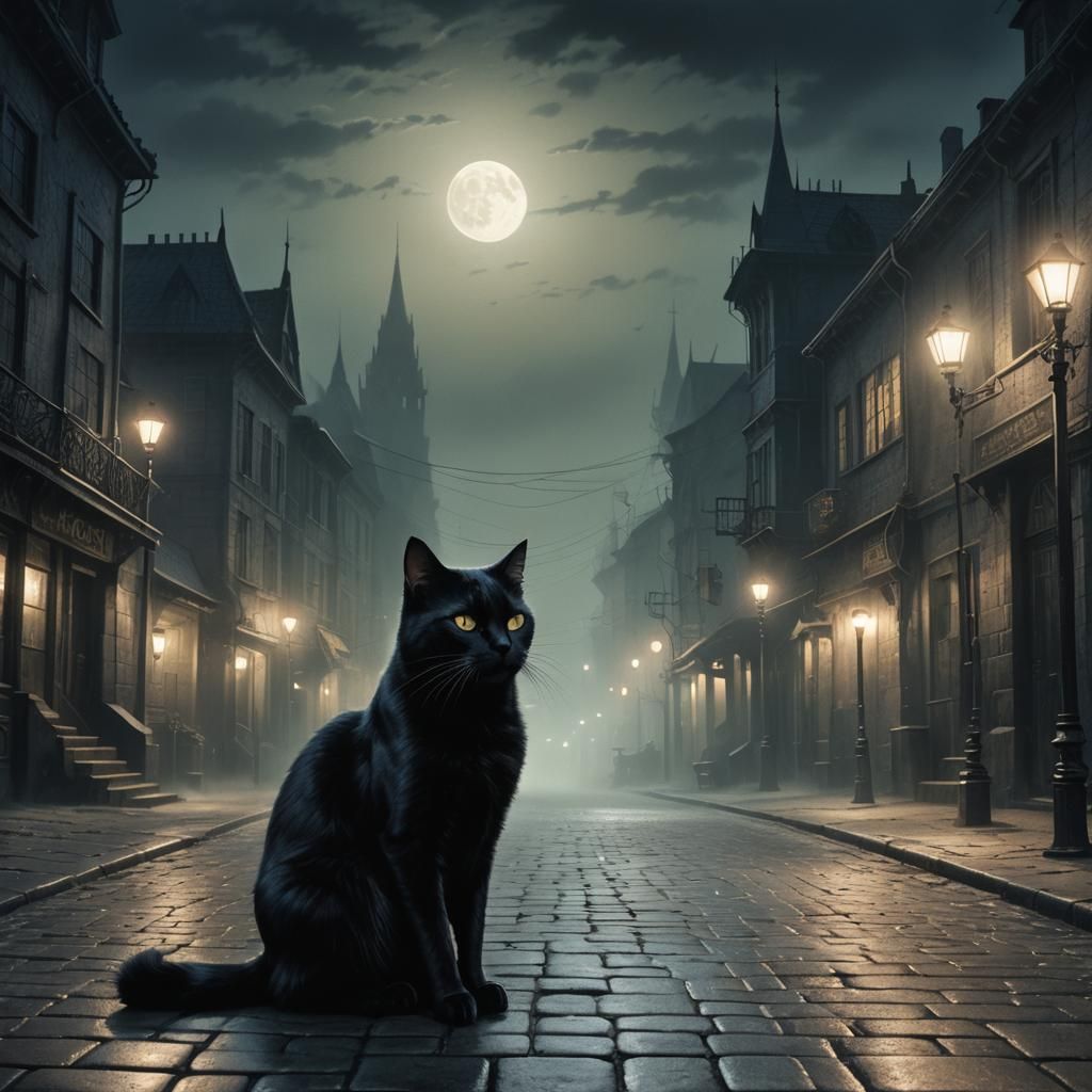 Black Cat in Moonlit Street: Dark Fantasy Illustration