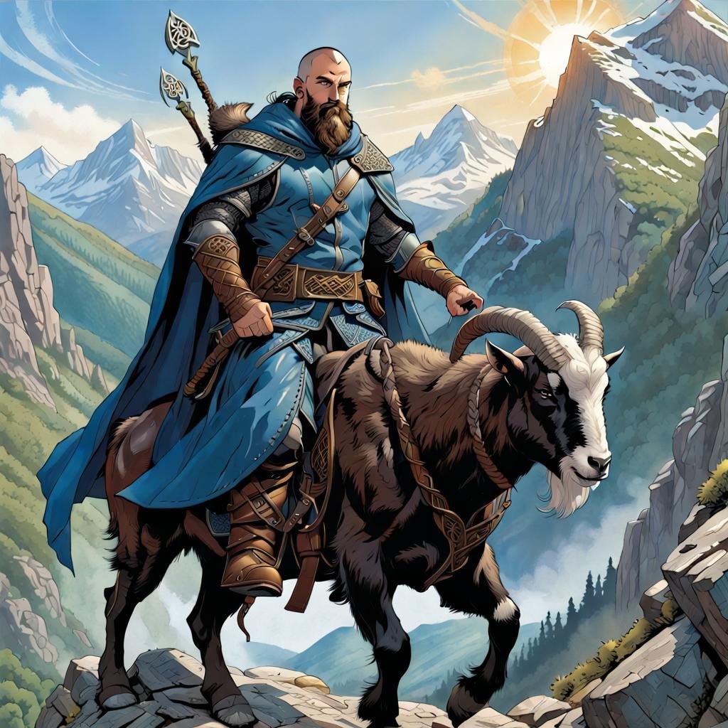 Dwarven Ranger on Mountain Goat, Comic Book Art