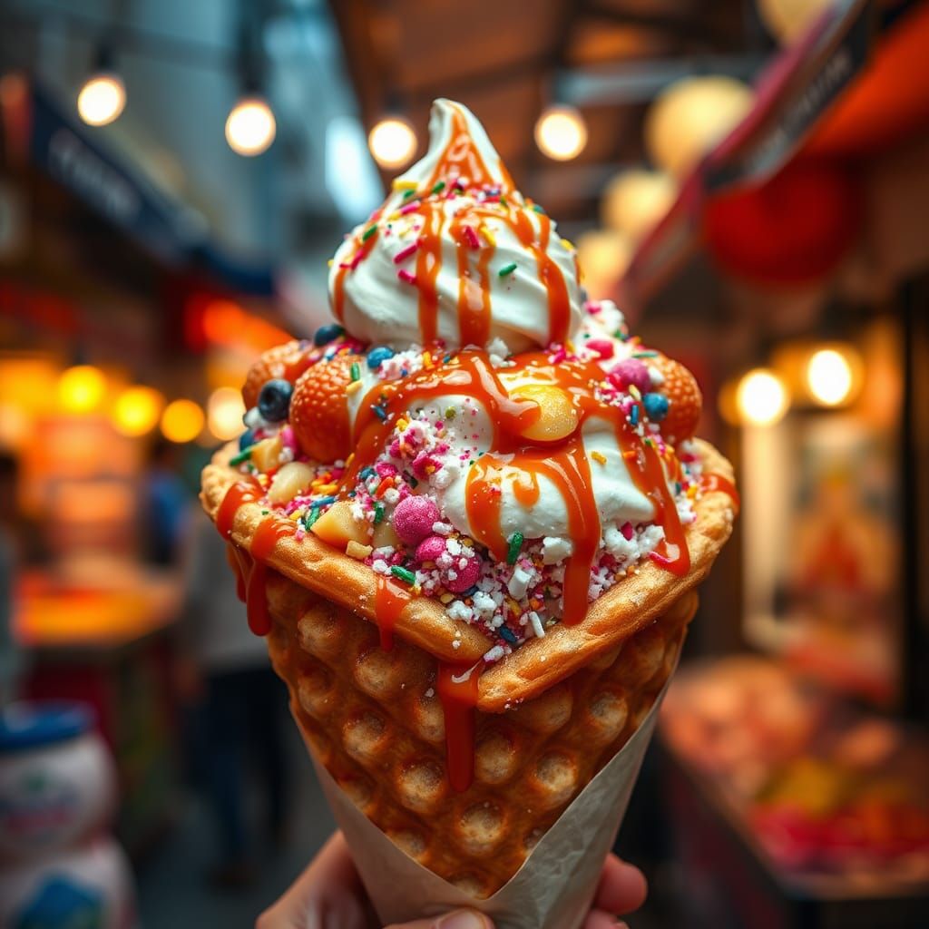 Bubble Waffle with Toppings, Cinematic Street Food