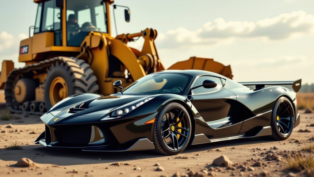 Black LaFerrari Beside Giant Bulldozer