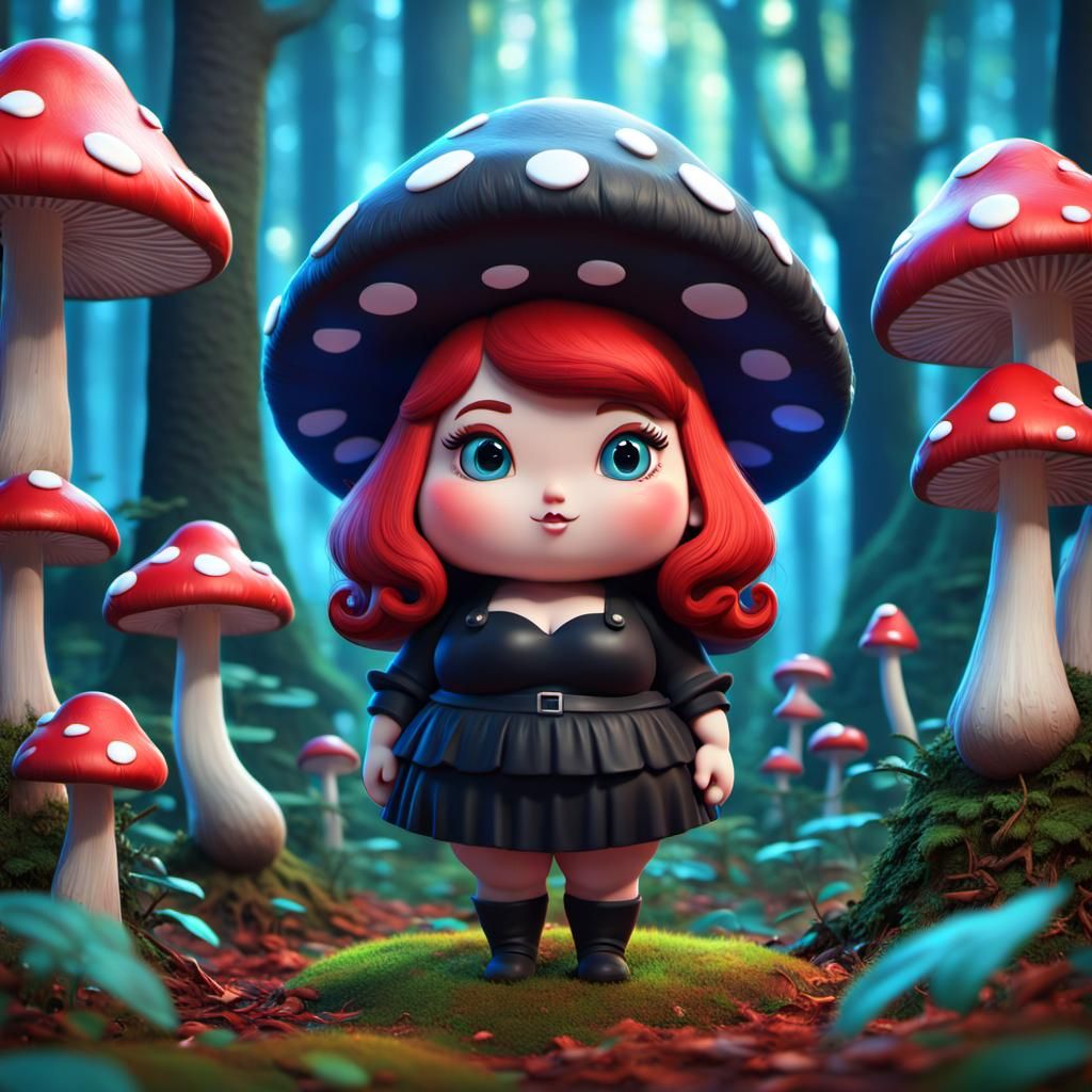 Chibi Mushroom Woman in a Magic Forest: 3D Art