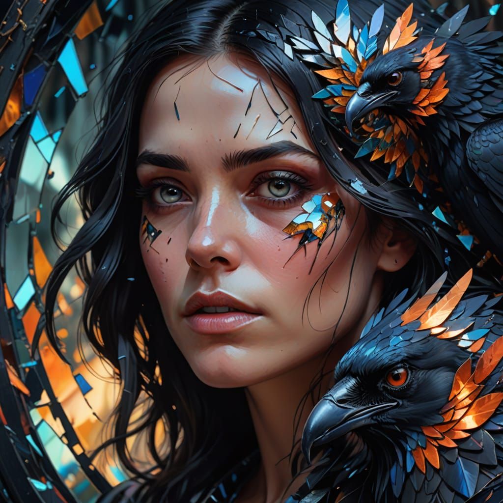 Ethereal Woman Reflected in Shattered Glass