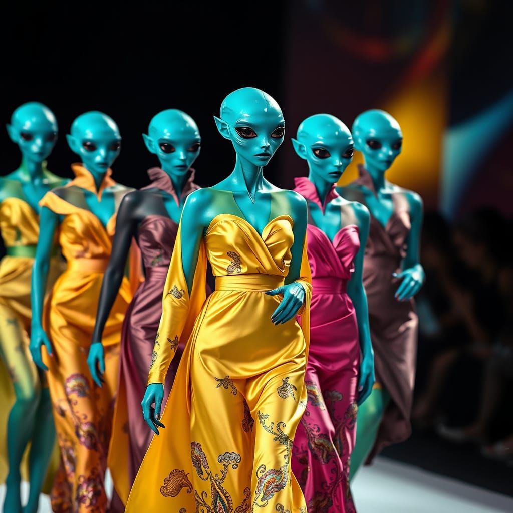 Exquisite Turquoise Alien Women Strut Down the Catwalk in Vi...
