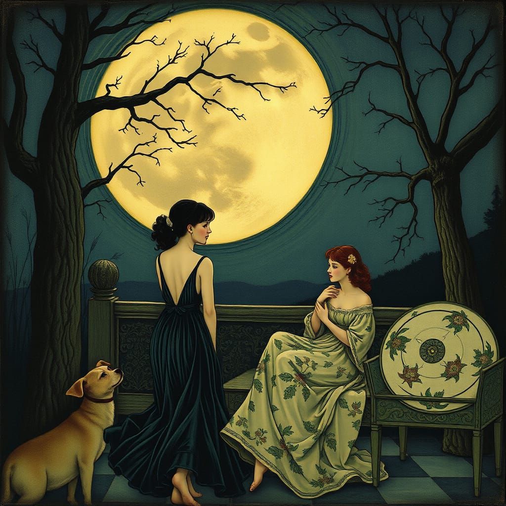 Art Nouveau Masterpiece: Dreamy Moonlit Serenade
