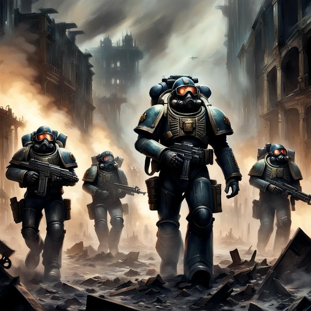 Space Marine Leads Soldiers Through Ruined City