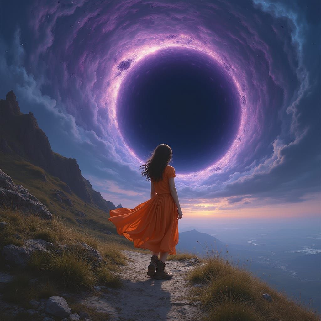 Girl Approaches Cosmic Black Hole in Vibrant Orange