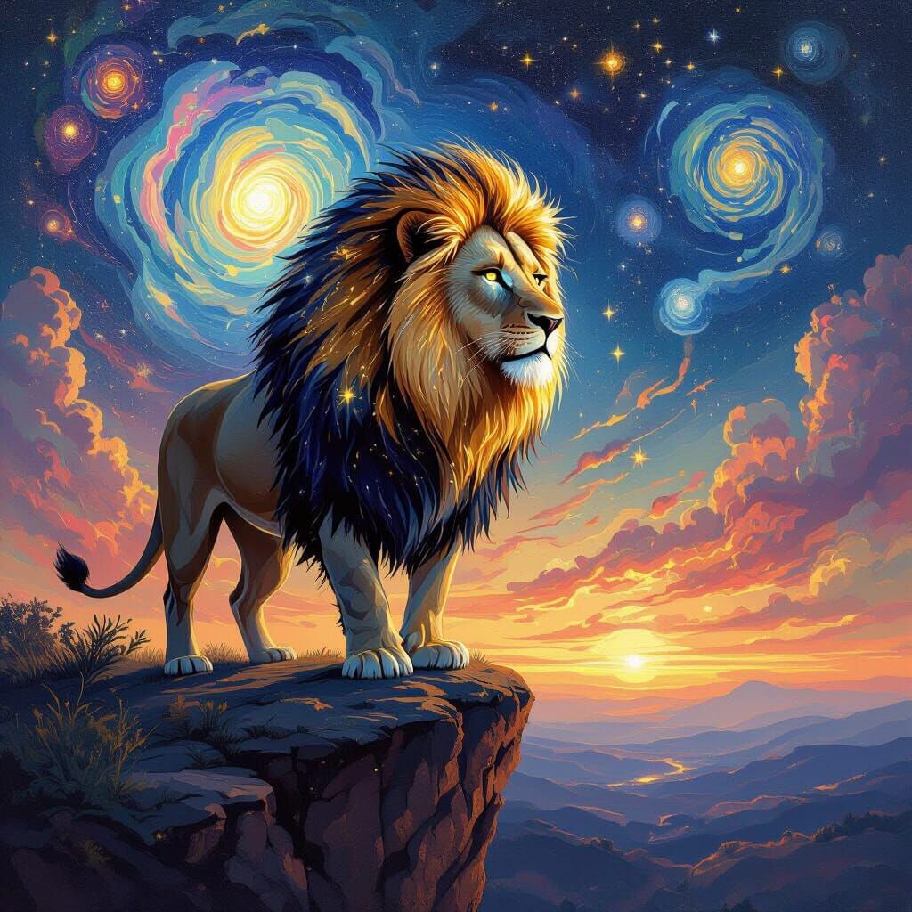 Lion with Starlight Mane Overlooking Galaxy