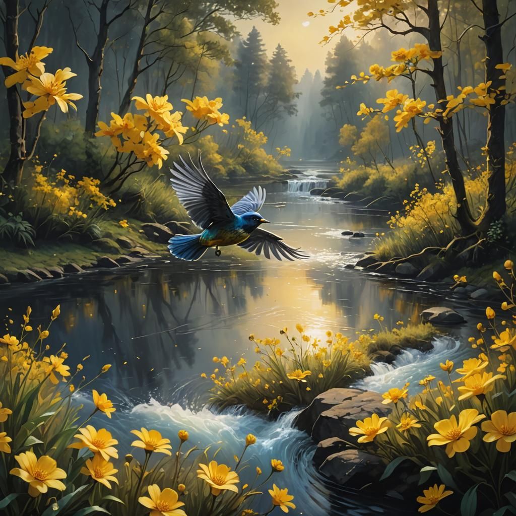 Bird in Flight Over River: Oil Painting in Fantasy Realism