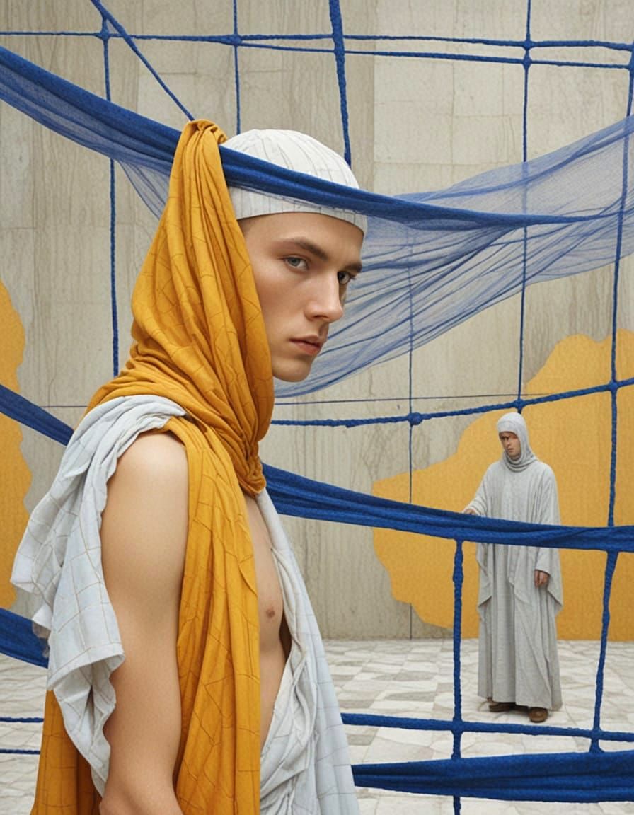 Dramatic Figure in Blue Grid Composition