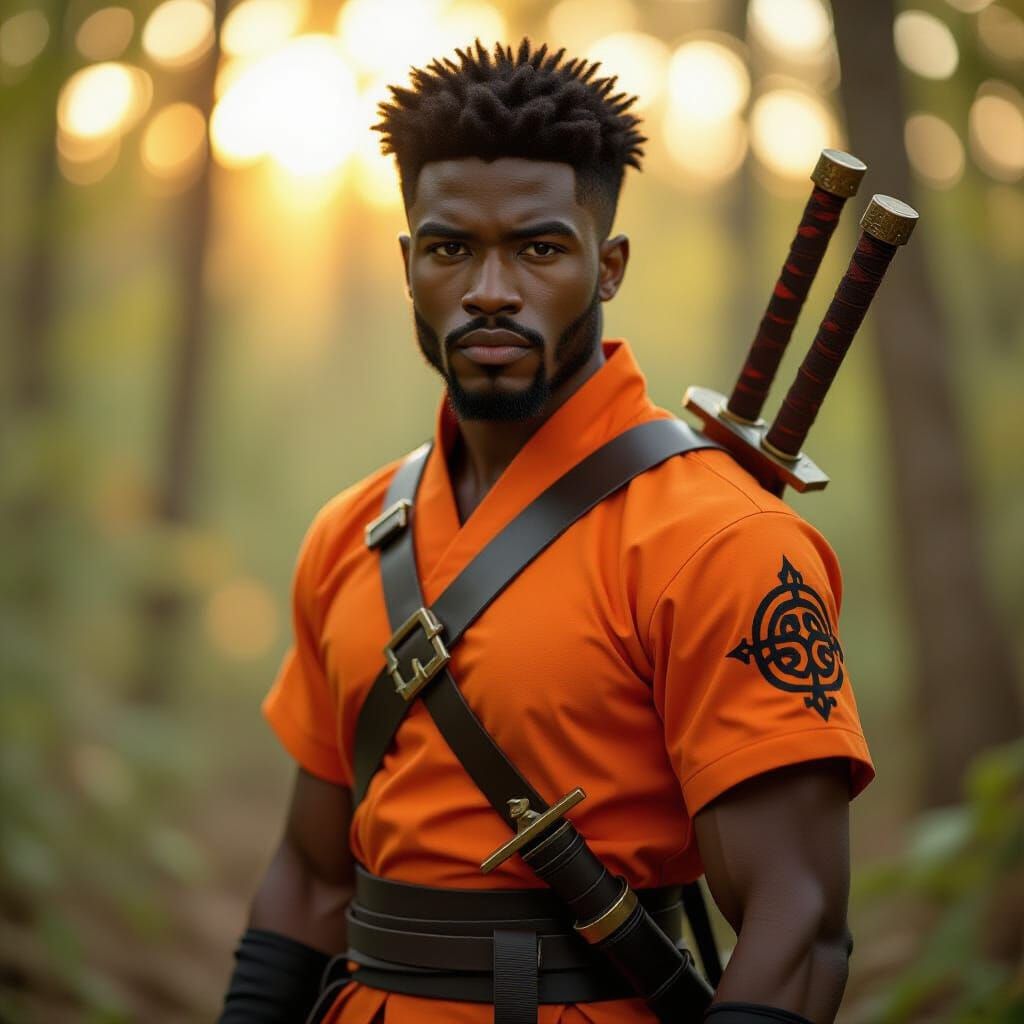 Realistic Black Man with Twin Swords in Woods