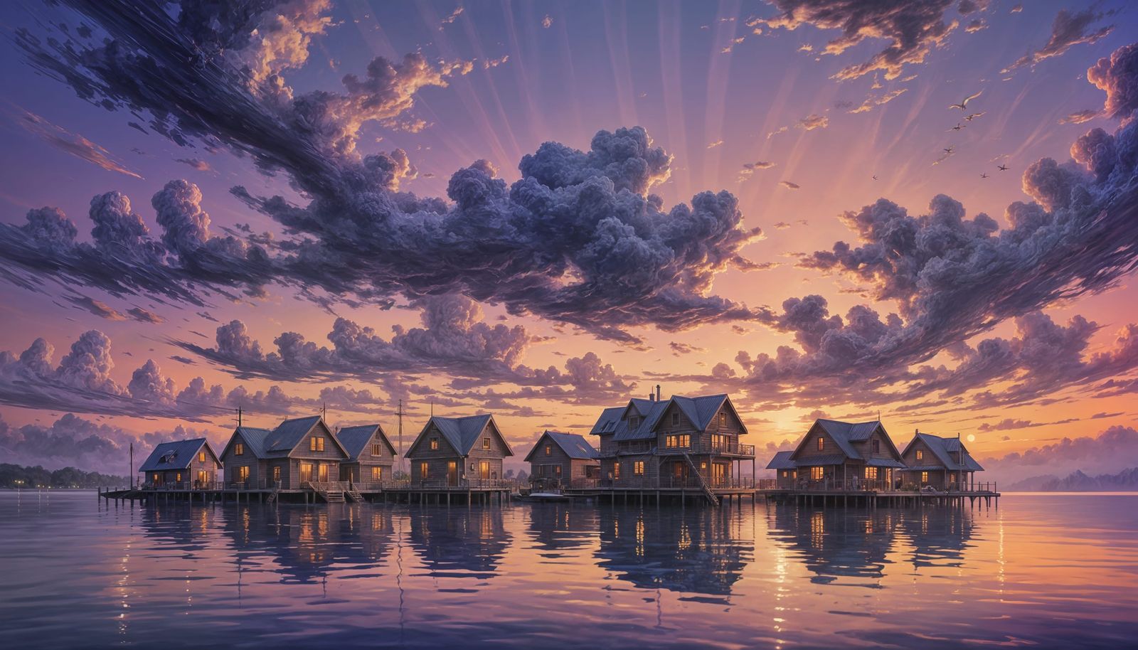 Floating Houses at Sunset: Detailed Oil Painting