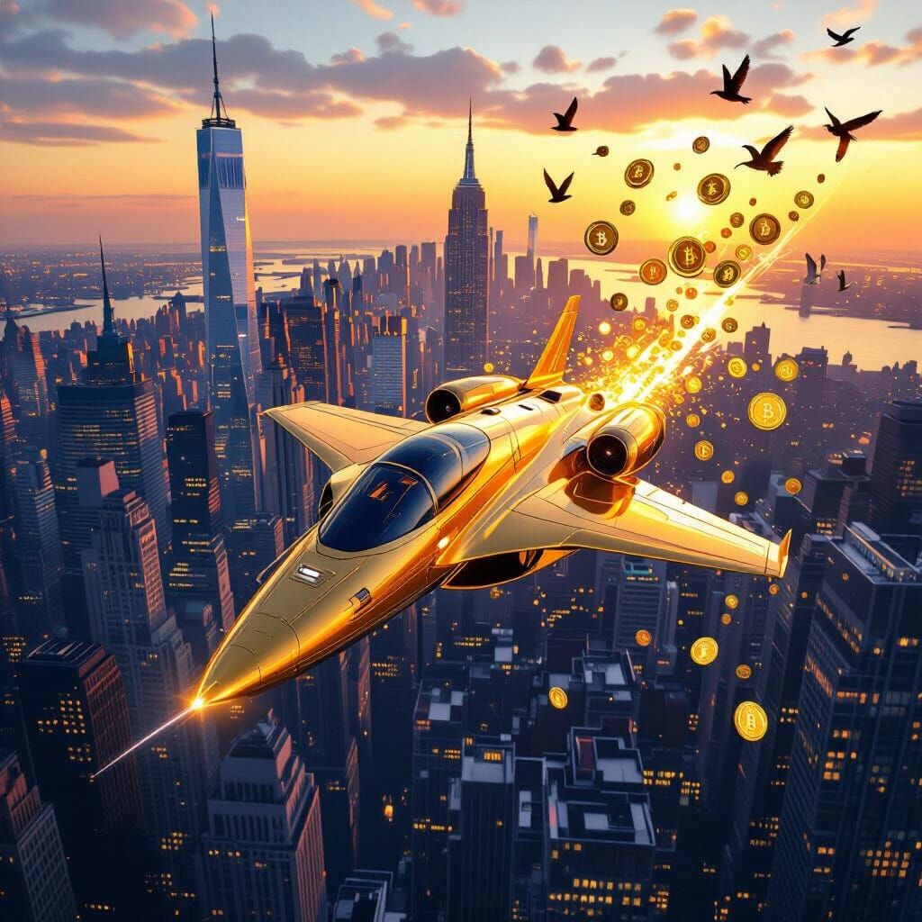 Golden Jet Soaring Over Futuristic New York Sunset
