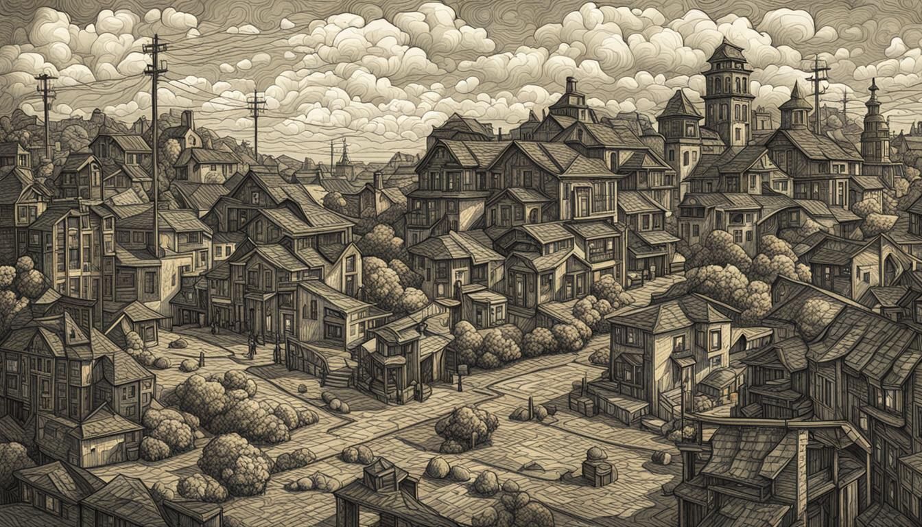 Surreal Suburban Landscape in Detailed Line Art