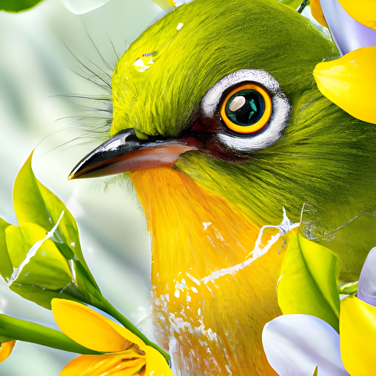 Silvereye Among Kowhai Flowers: Hyperdetailed Portrait