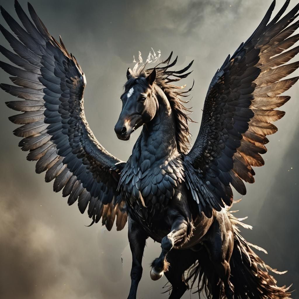 Magnificent Black Pegasus Portrait with Spreading Wings