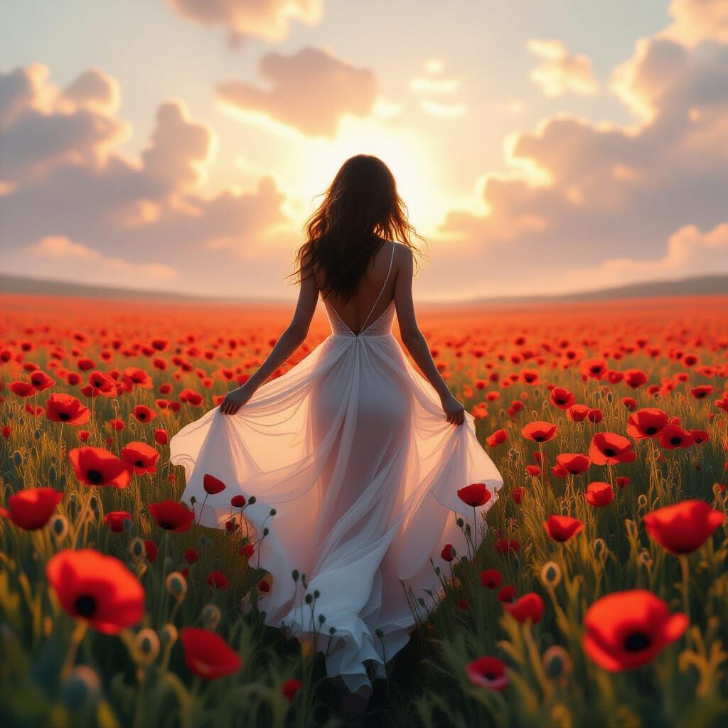 Woman in Poppy Field with Swirling Colors, Digital Art