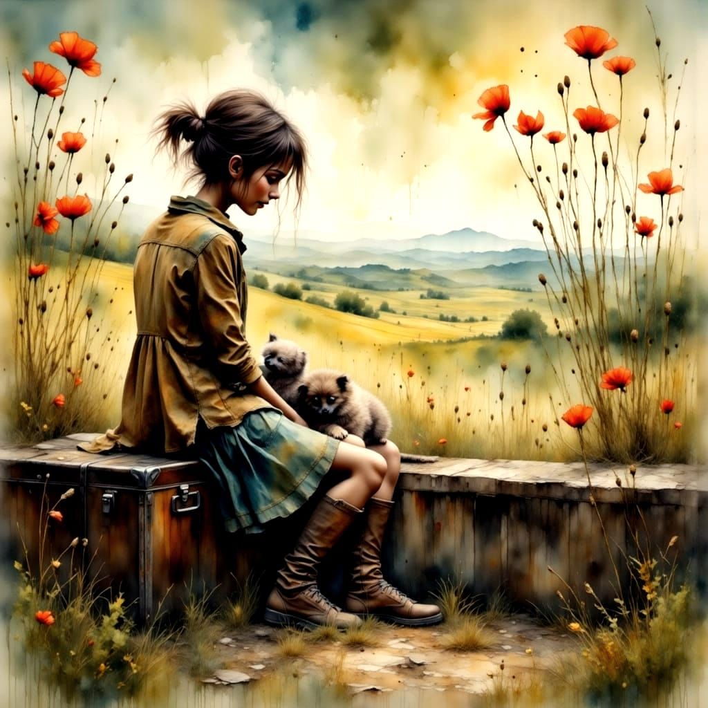 Runaway Girl Hopes for a Ride in a Gritty Watercolor Landsca...