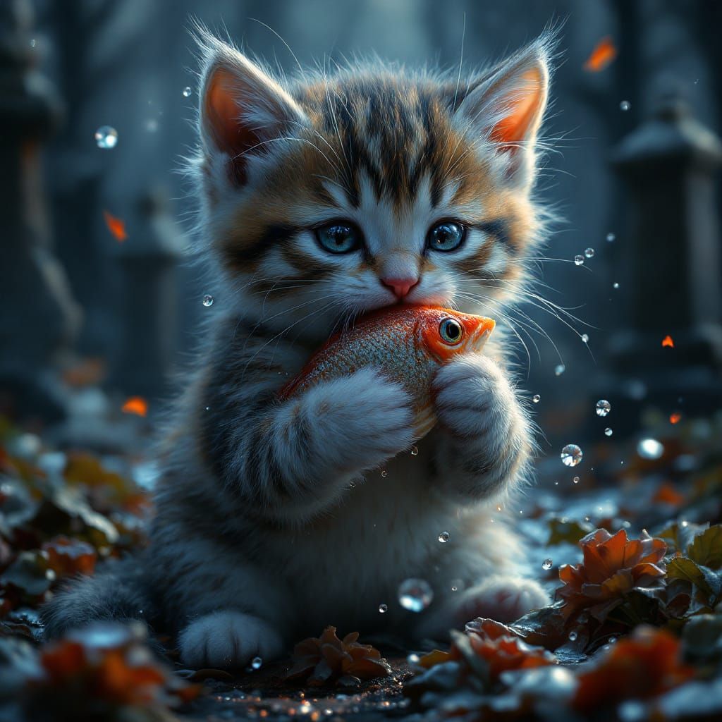 Kitten Eating Fish in Cemetery Concept Art
