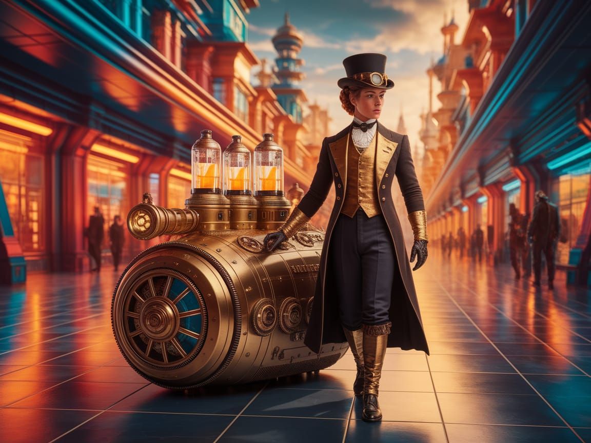 Steampunk Time Traveler in Utopian City
