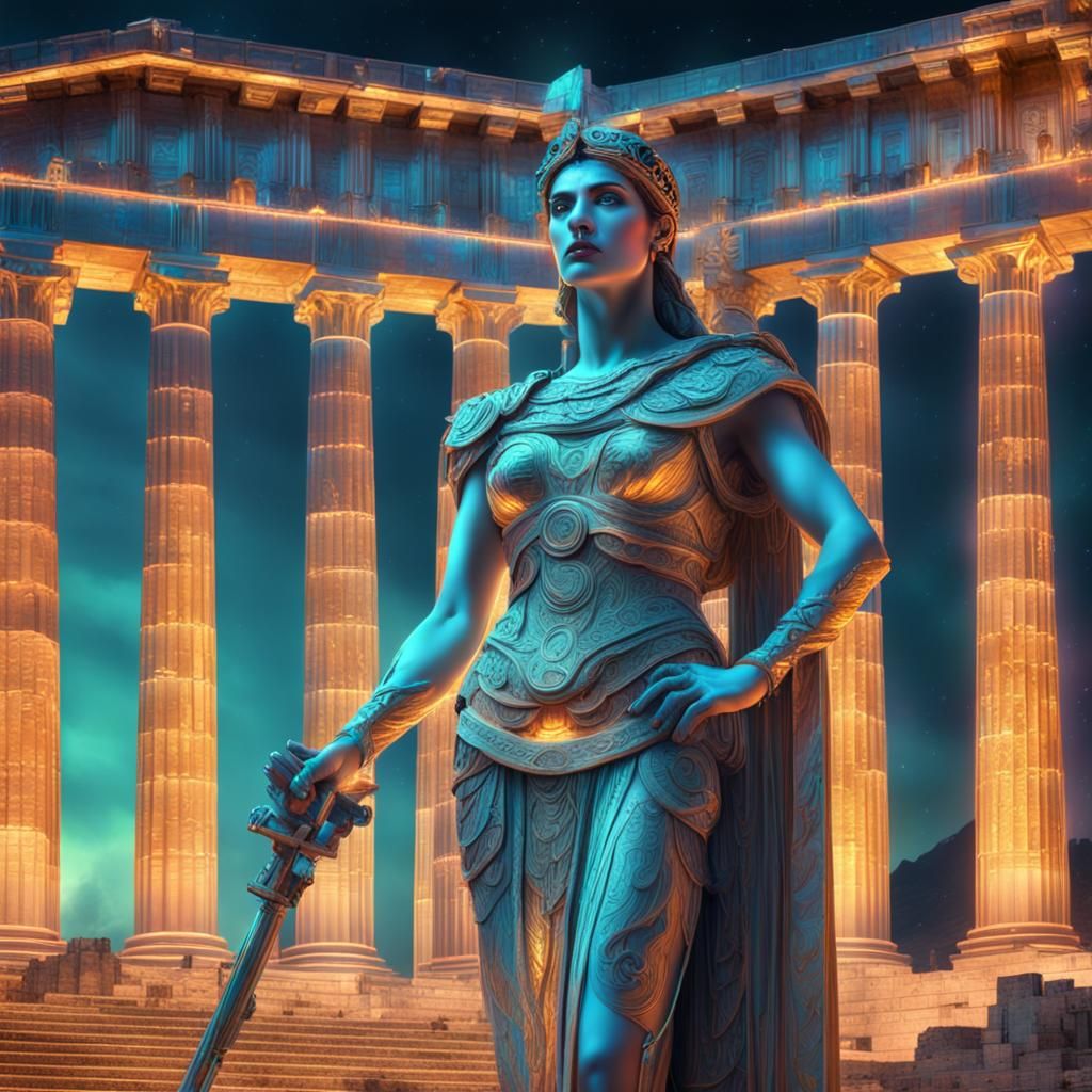 Holographic Athena Goddess in Neon Parthenon