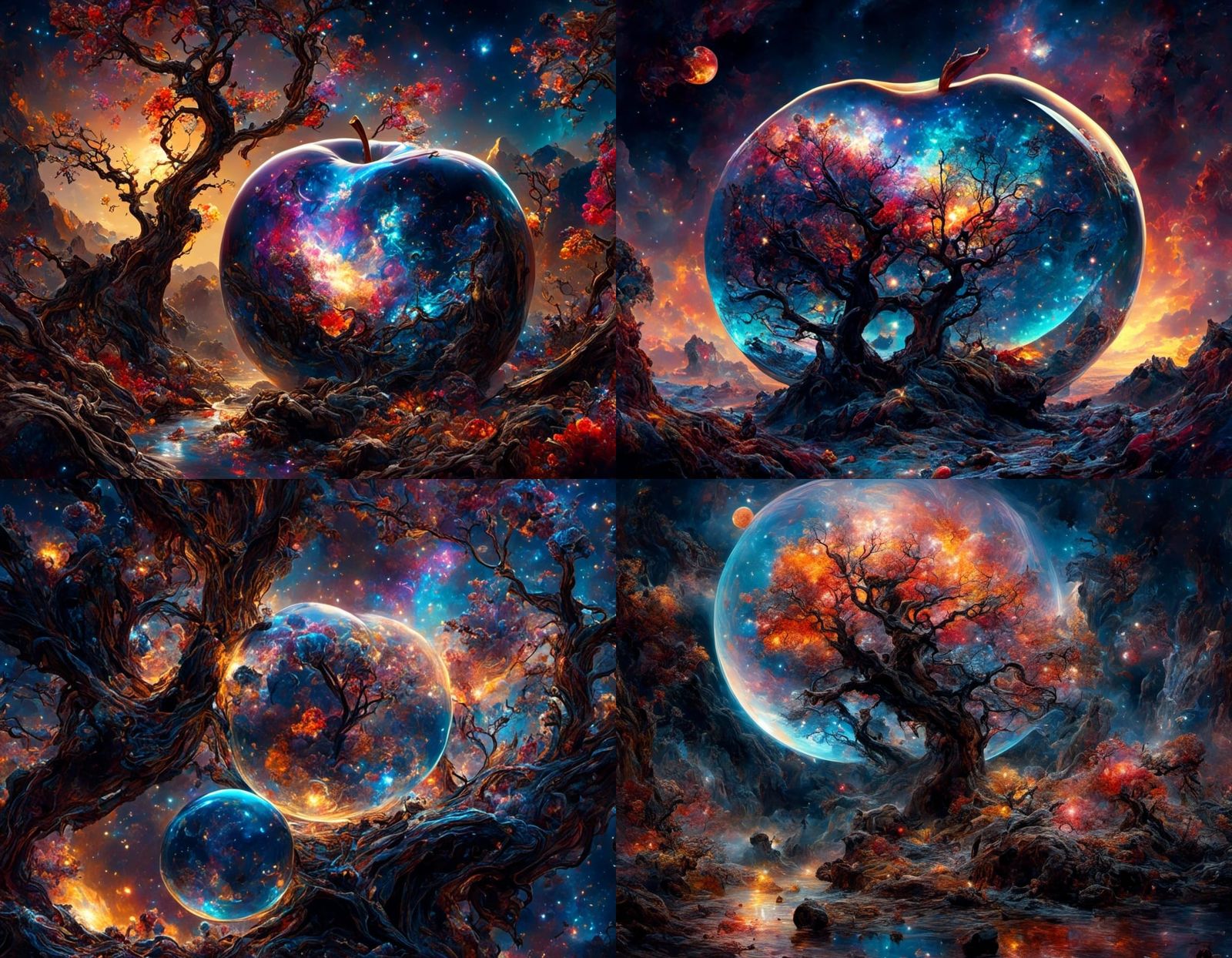 Cosmic Apple Nebula in a Glass, Ink Art Style