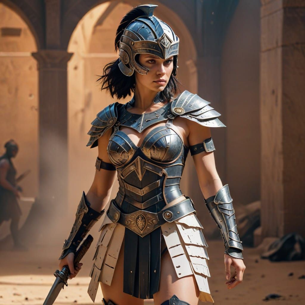 Woman in Paper Dress in Cyberpunk Gladiator Arena