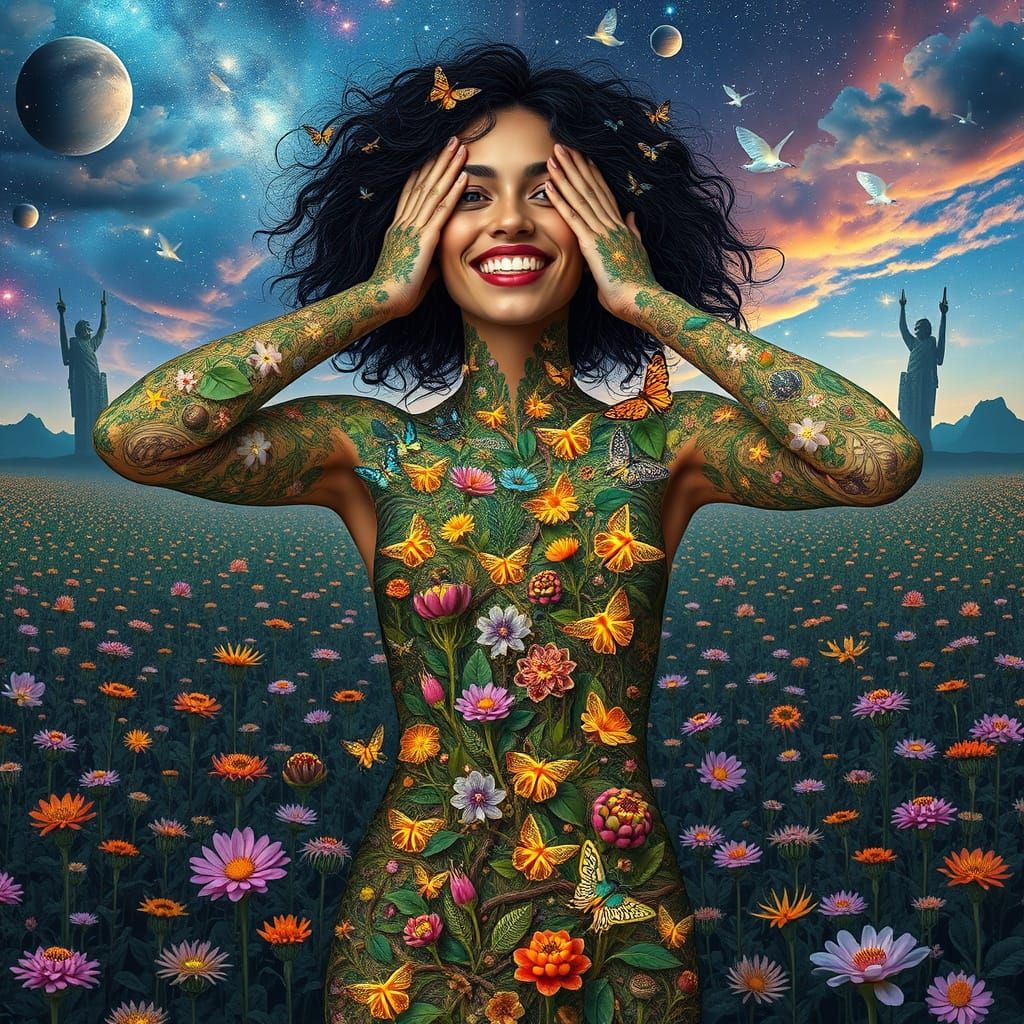 Surreal Bio-Art Collage: Woman as Interconnected Ecosystem