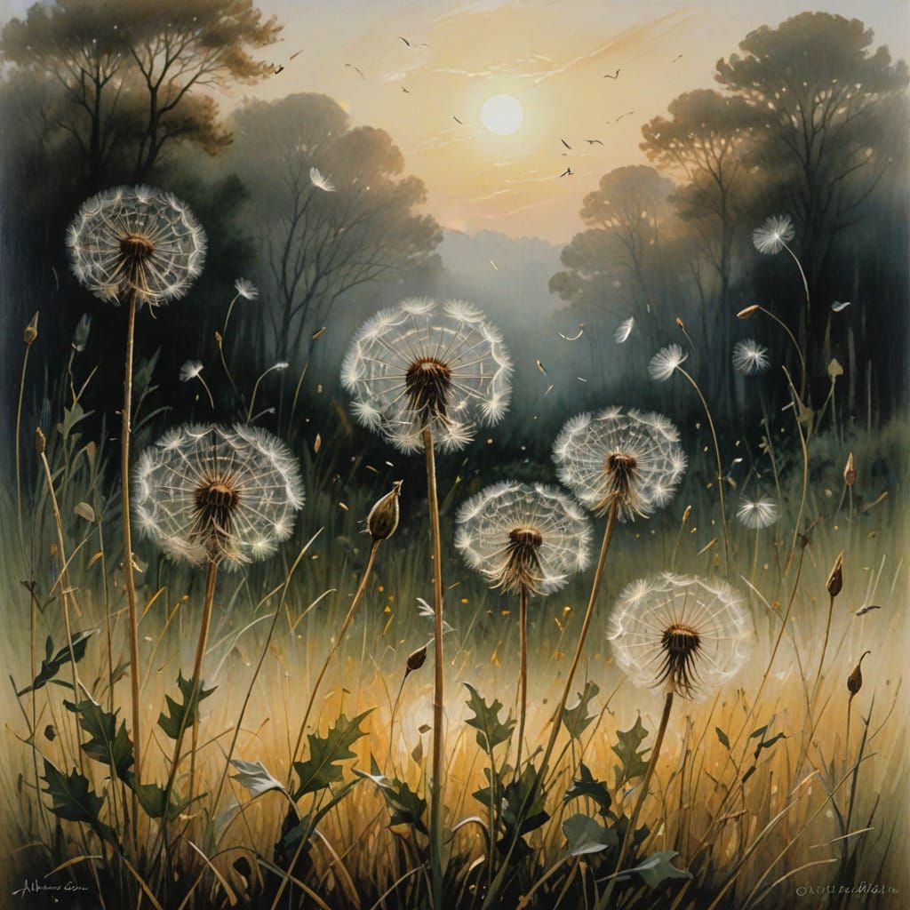 Delicate Dandelion Seeds Drift on a Gentle Breeze in Soft Fo...