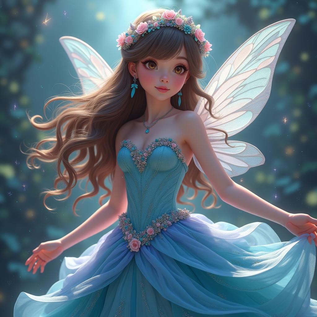 Anime Fairy in Turquoise Gown, Fantasy Concept Art