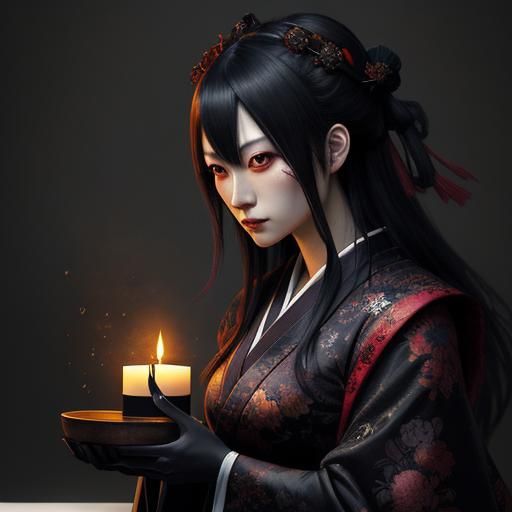 Japanese Gothic Girls' Candlelit Dinner: Hyperrealistic Art