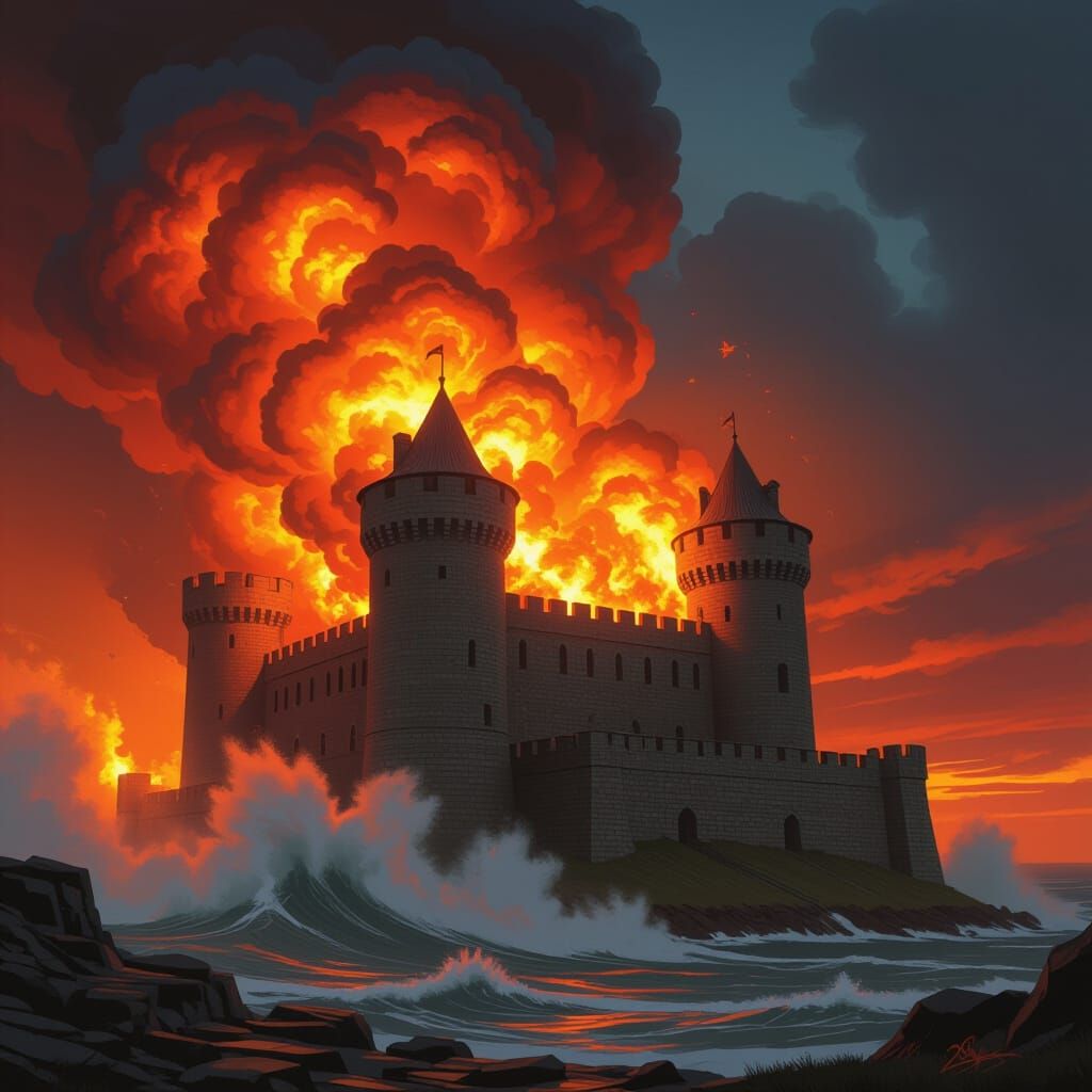 Inferno Wave Destroys Ancient Castle: Apocalyptic Art