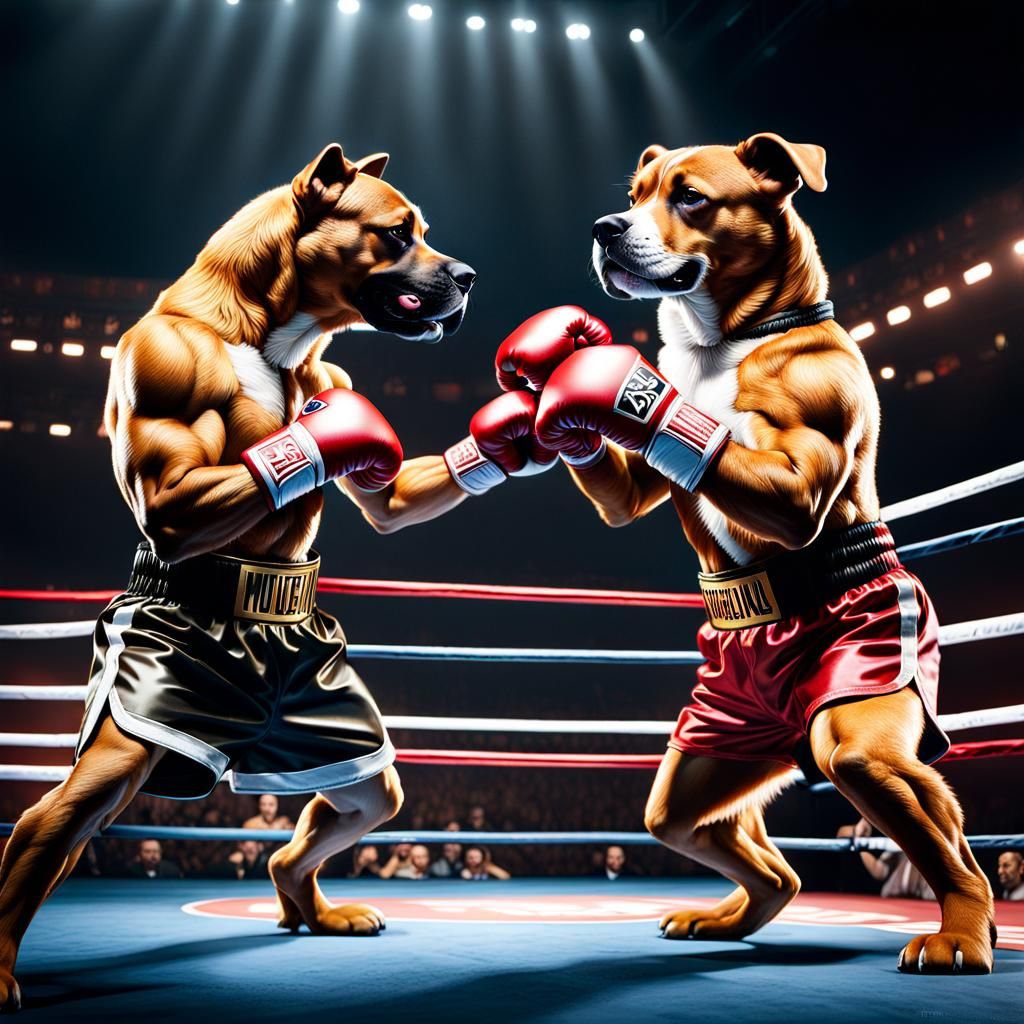 Anthropomorphic Dogs Boxing in Hyperrealistic Style