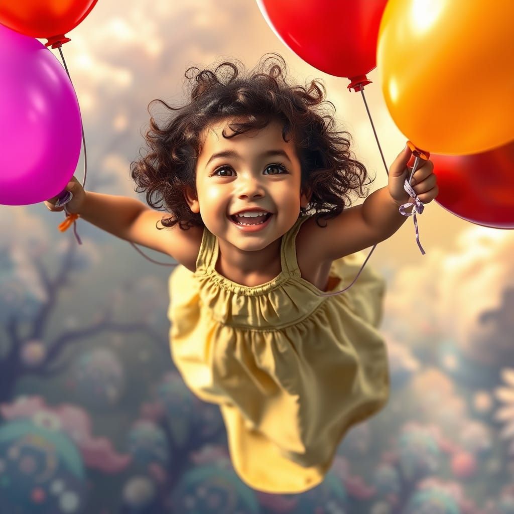 Young Girl Soars with Colorful Balloons in Vibrant Hyperreal...