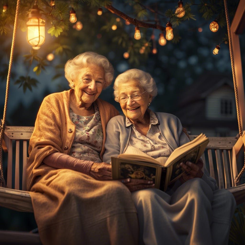 Happy Old Friends Sharing Memories at Sunset