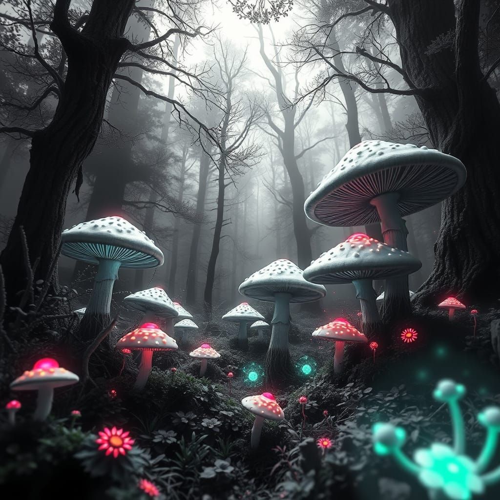 Psychedelic Mushrooms in Wispy Black and White Forest